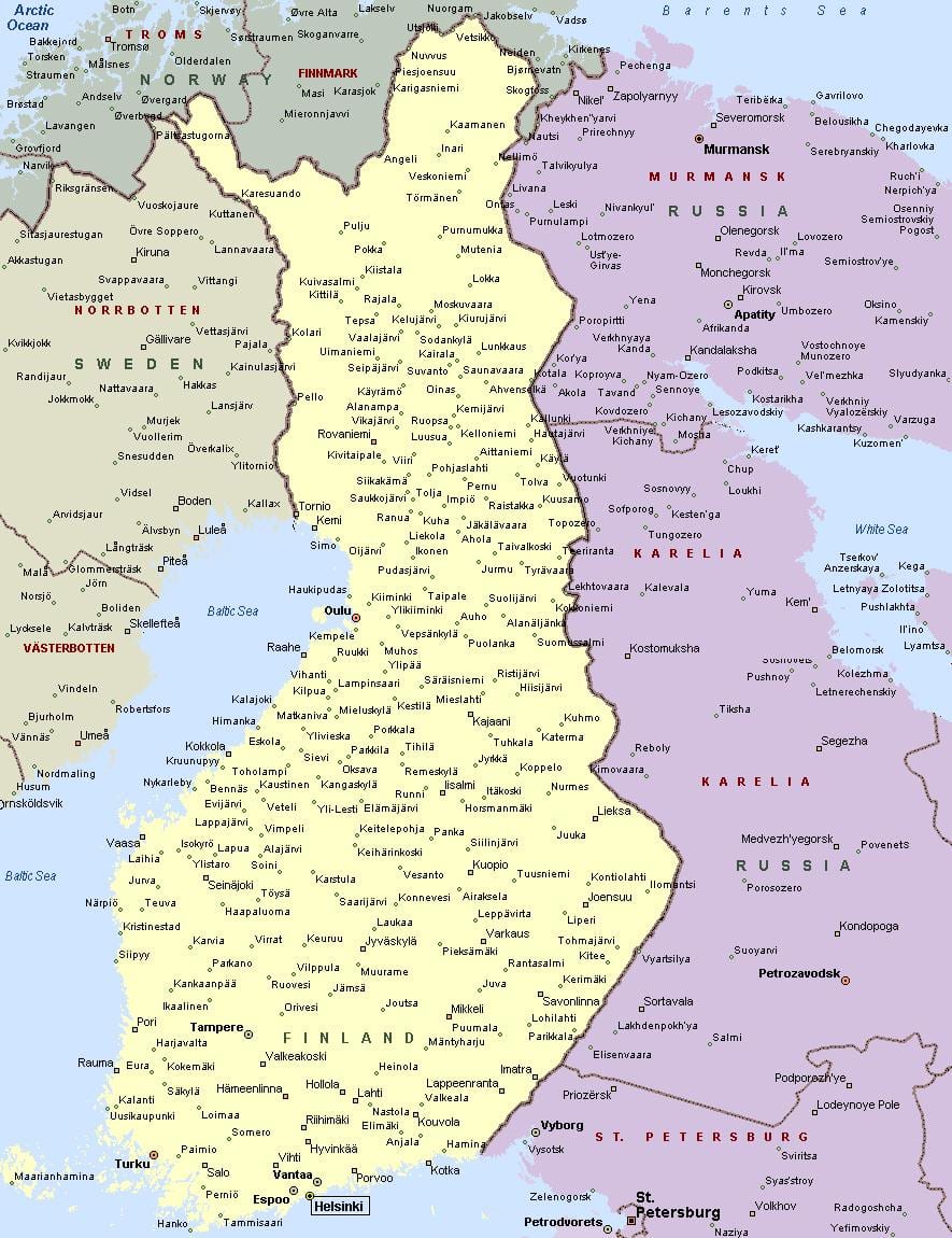 Finsko mapa s městy