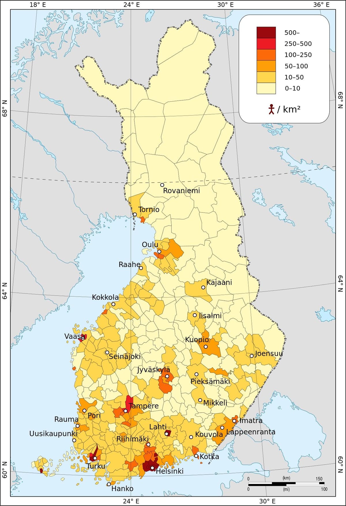 Finsko hustota obyvatelstva mapě