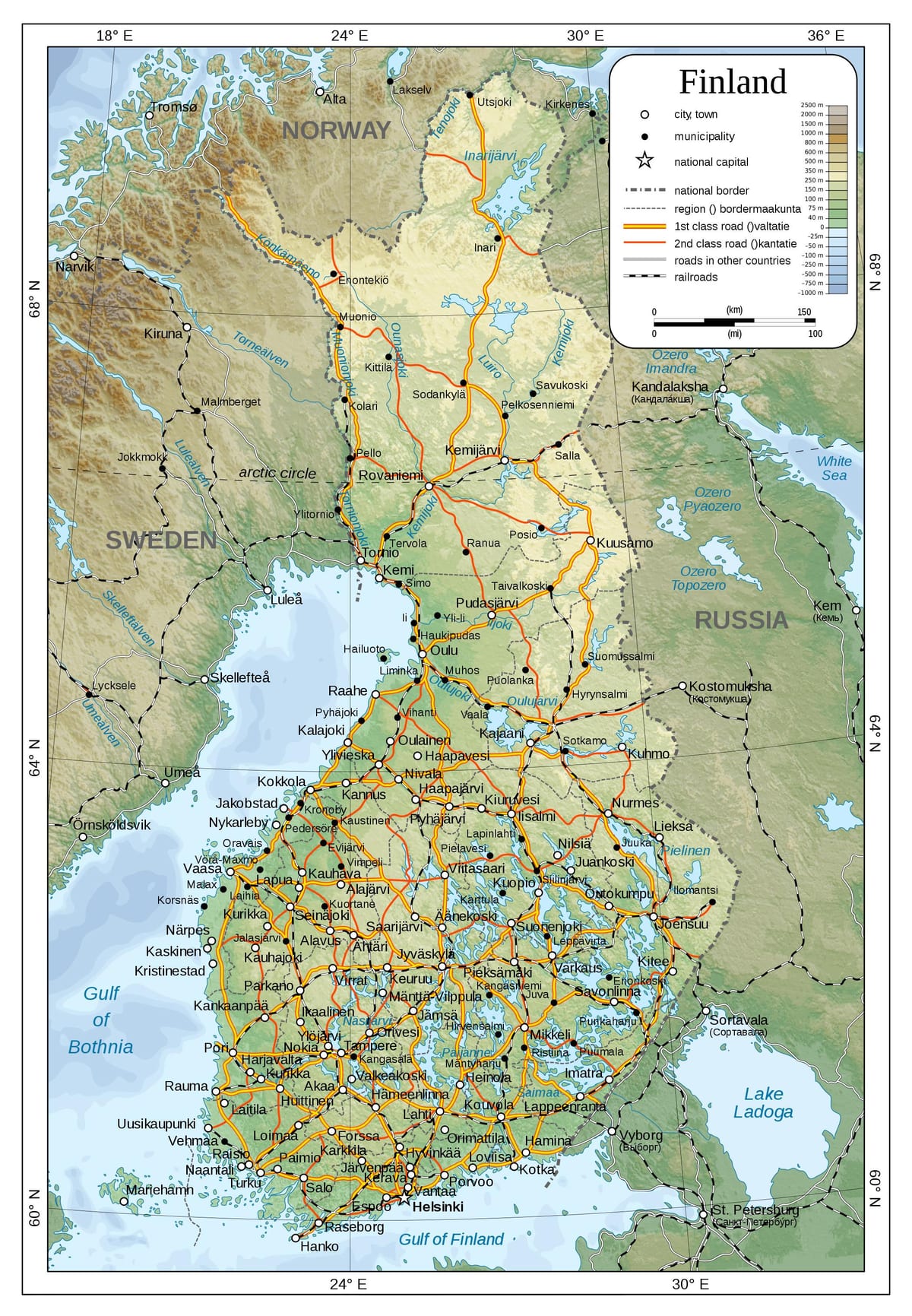 Mapa fyzické Finsko